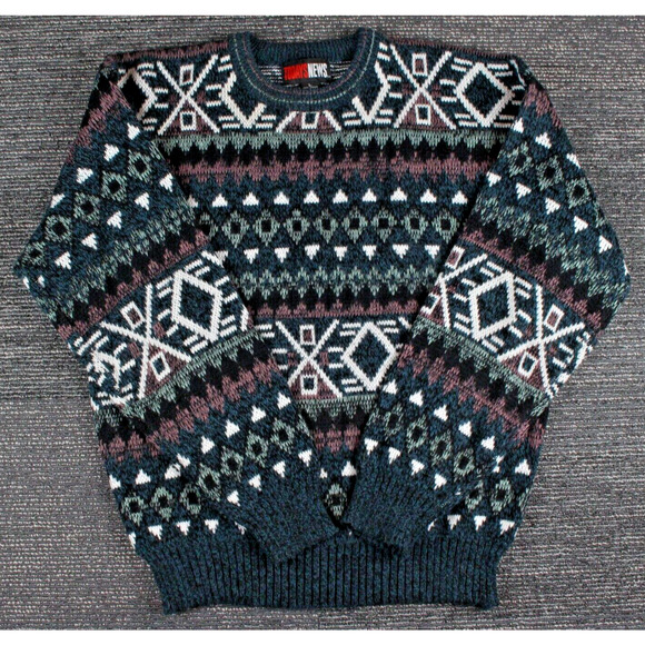 VTG Todays News Sweater Large Geometric Crew Neck 100% Virgin Acrylic - Picture 1 of 11